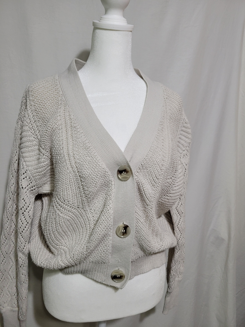 RD Style Cream Knit V-Neck Button Cardigan